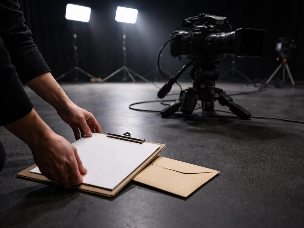 Reality TV production scene with crew cameras and lighting gear beside a clipboard and envelope.
