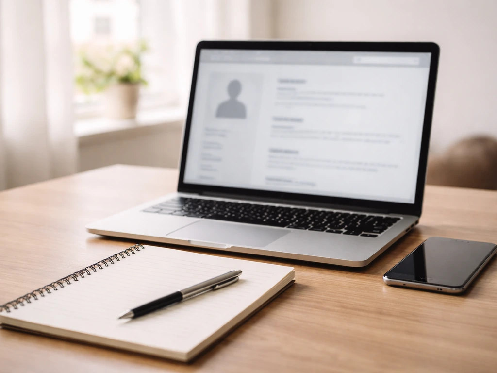 Minimal desk scene with laptop and phone for cross-checking job and employer details.