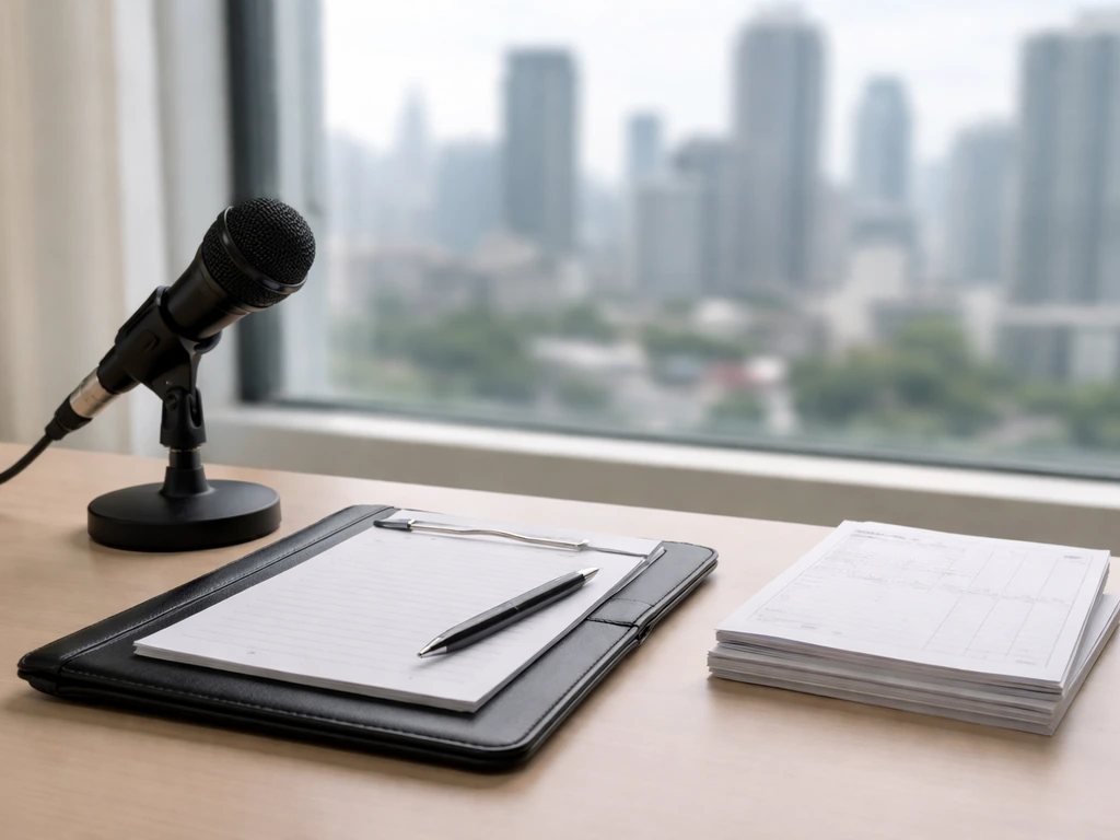 Microphone on a studio desk with blank invoices and a blurred city view, suggesting media and income.