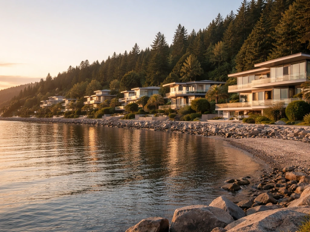 Minimal photo of West Vancouver waterfront homes with calm water and luxury hillside view