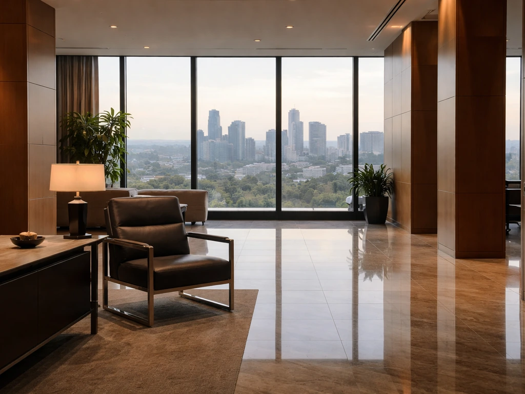Minimal photo of a private investment office lobby with modern architecture and warm lighting
