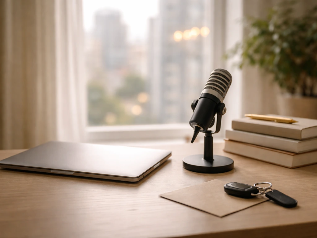 Minimal luxury office scene with subtle media and finance cues suggesting “Venus” net worth analysis