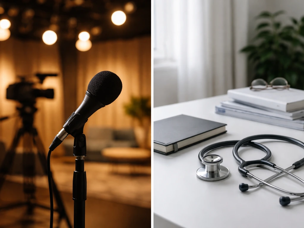 Minimal split-scene style photo showing TV studio vibe and a clinical consulting desk tied to income sources.