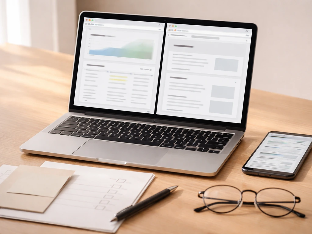 Desk with laptop showing two blurred reference pages and papers, suggesting checking net-worth sources.