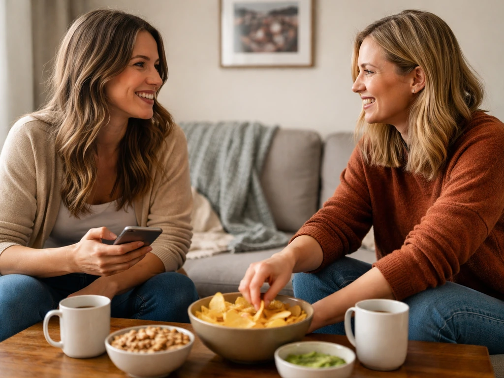 Two sisters at a tidy home table with a phone and snack bowls, family-focused and warm lighting