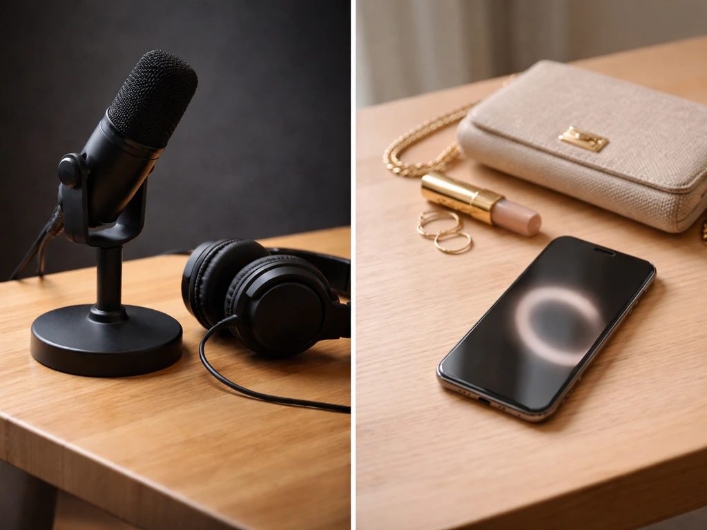 Minimal photo of a desk setup suggesting multiple income sources, with a microphone, phone, and purse nearby