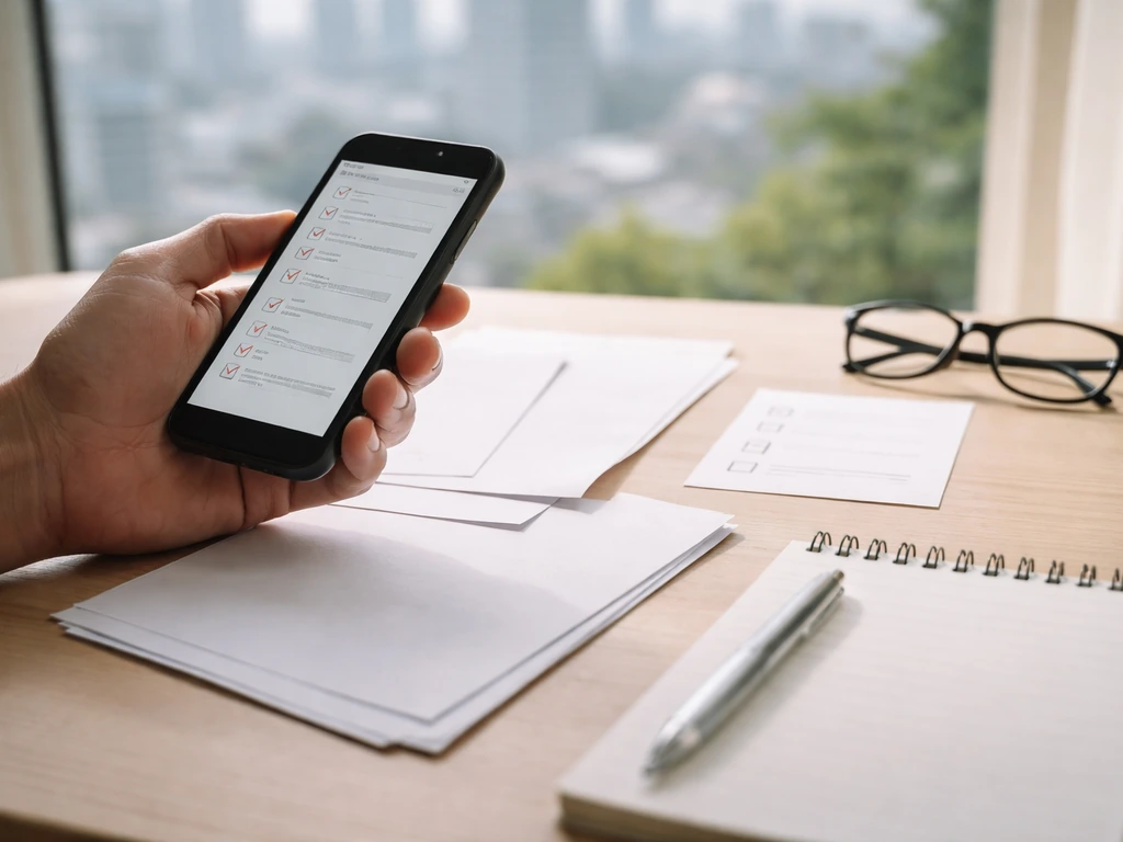 Close-up of a hand with a smartphone beside scattered documents, suggesting online number verification.