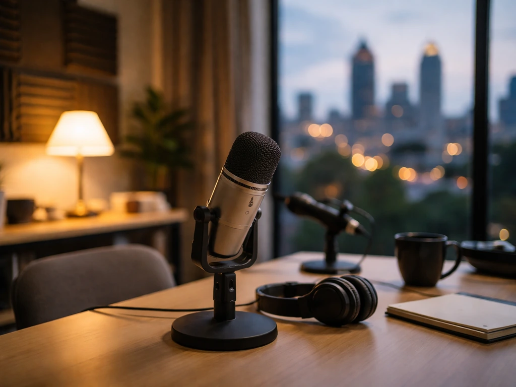 Silver microphone and minimal studio desk with warm light and blurred city view, no people present.