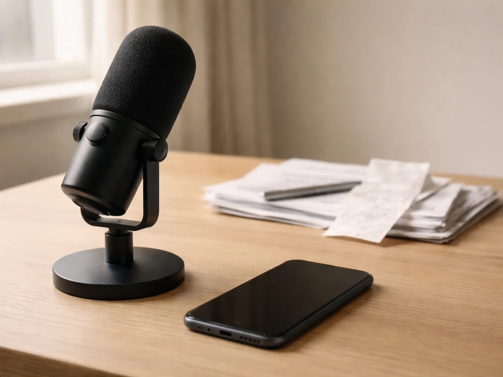 Minimal desk scene with a microphone, smartphone, and scattered receipts symbolizing built net worth estimates