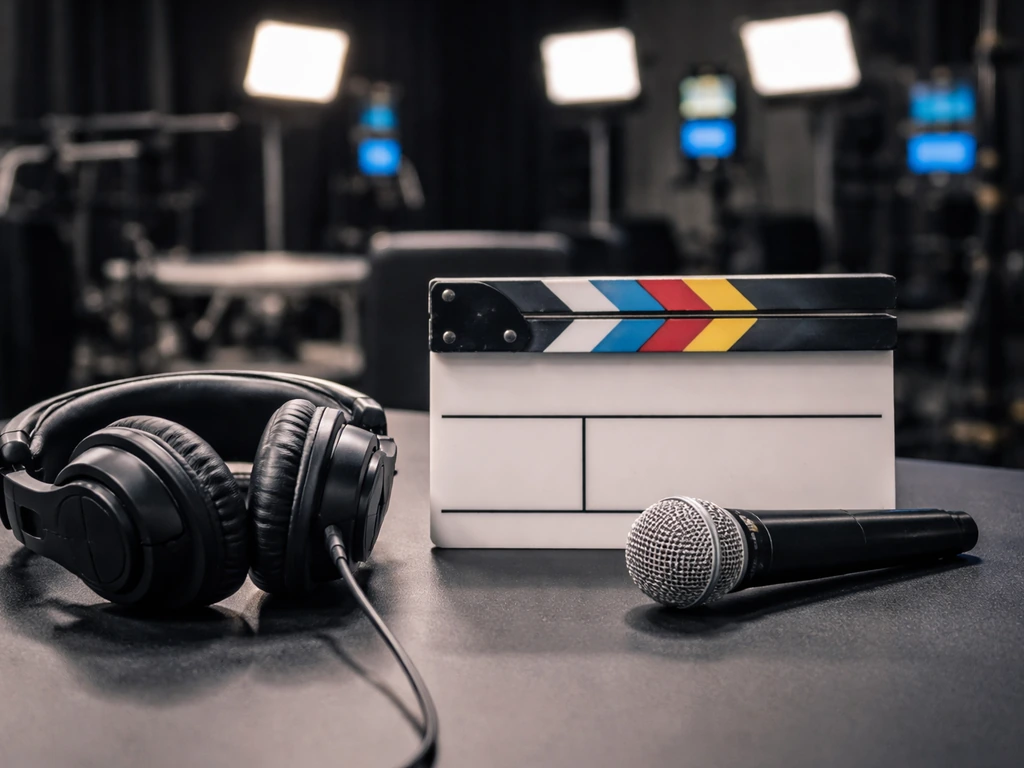 Close-up of a reality TV production clapboard and headset on a studio desk with soft studio lights