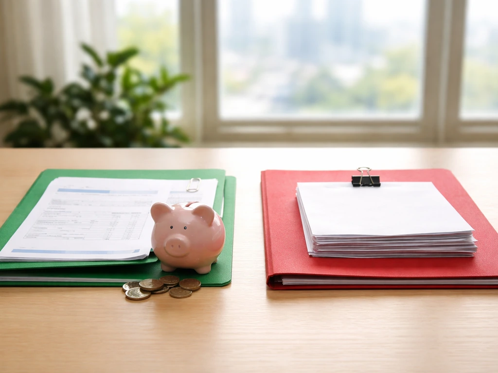 Minimal desk scene with coins and documents vs bills to symbolize assets minus liabilities.
