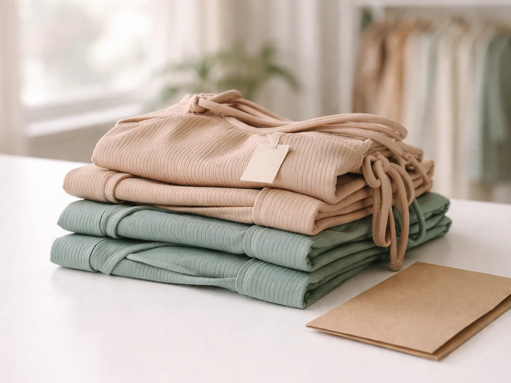 Close-up of folded Beverly Beach–style swimwear in neutral packaging with a small branded fabric tag