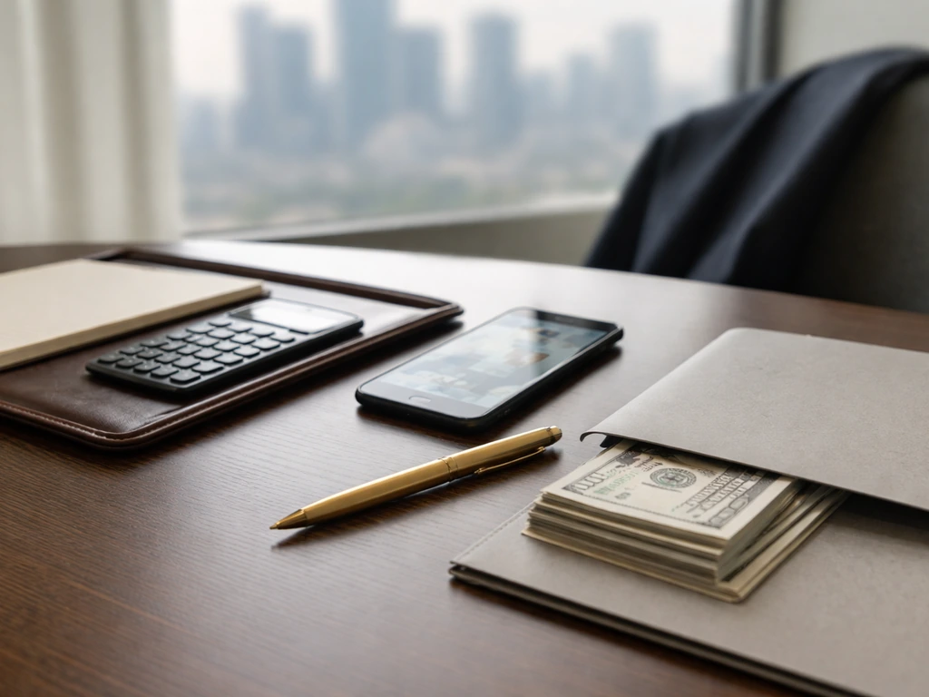 Minimal luxury office desk with calculator, gold pen, cash, and blurred city window view.