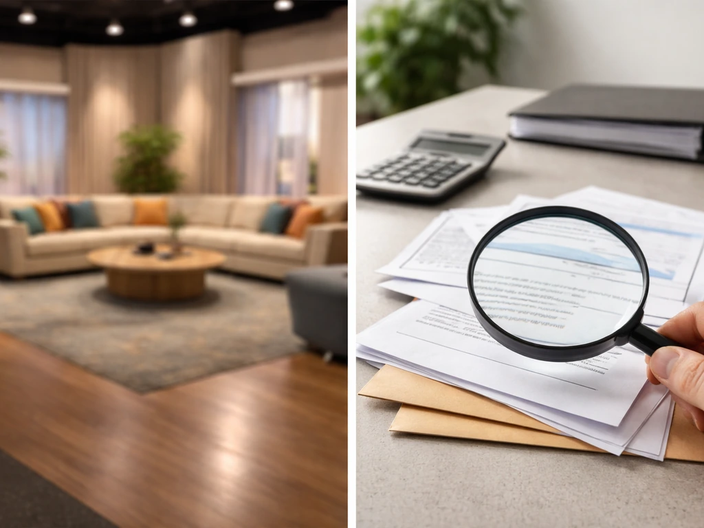 Minimal split-style photo collage: TV set backdrop on one side and a magnifying glass over money papers on the other.