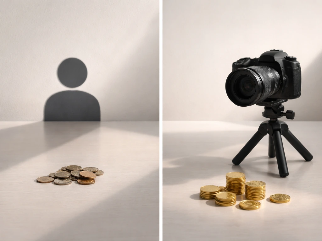 Minimal desk scene comparing coins and a small TV camera to suggest cast vs show net worth.
