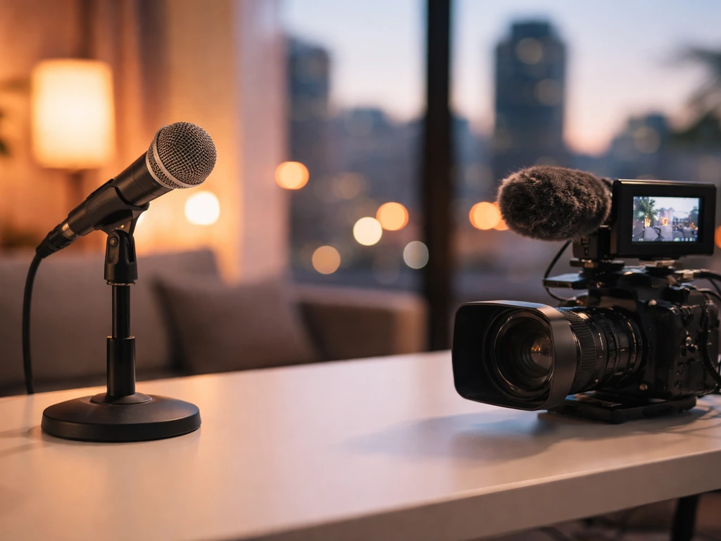 Reality-TV inspired studio desk with microphone and soft lights, symbolizing income and media milestones