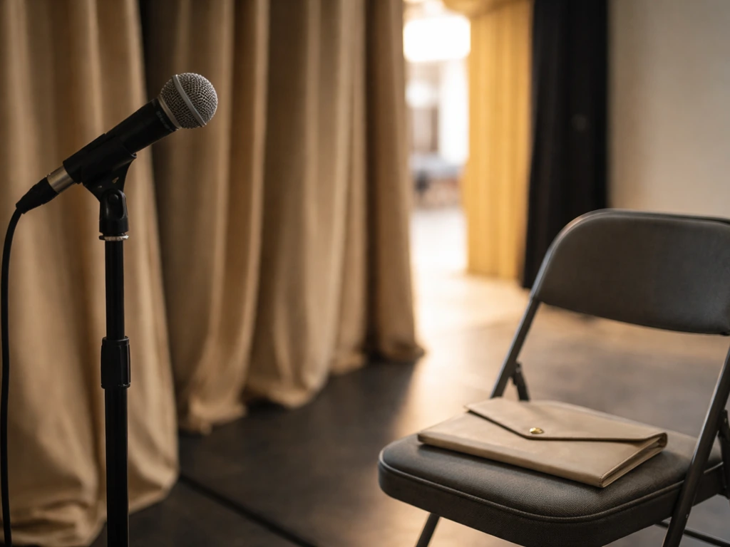 Backstage microphone and chair with a plain folder, symbolizing paid speaking appearances and public events.