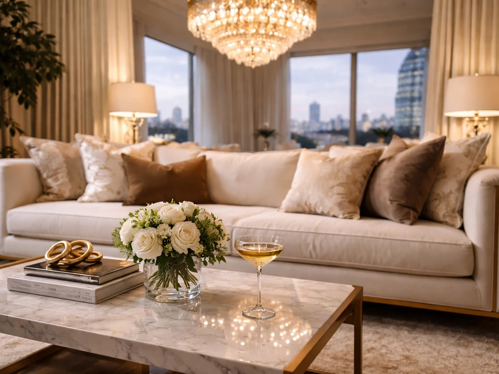Upscale luxury living room with champagne and warm light, evoking a Real Housewives lifestyle setting.