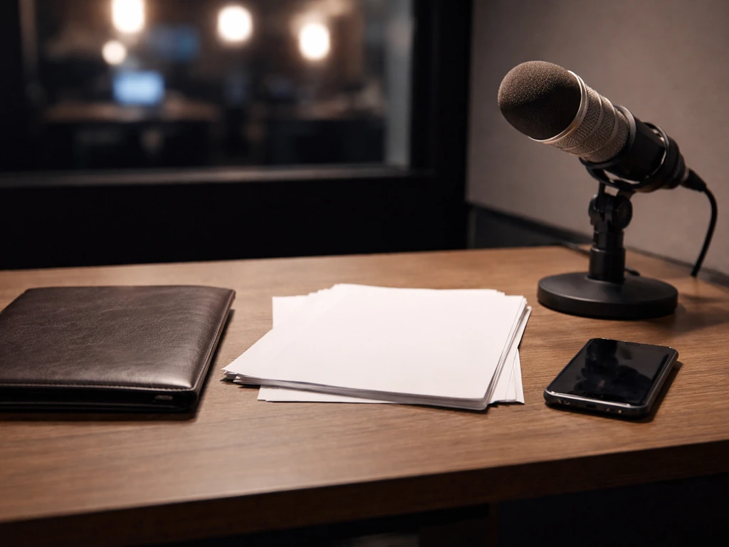 An anonymous producer’s desk with contracts and a studio microphone, suggesting reality TV pay details