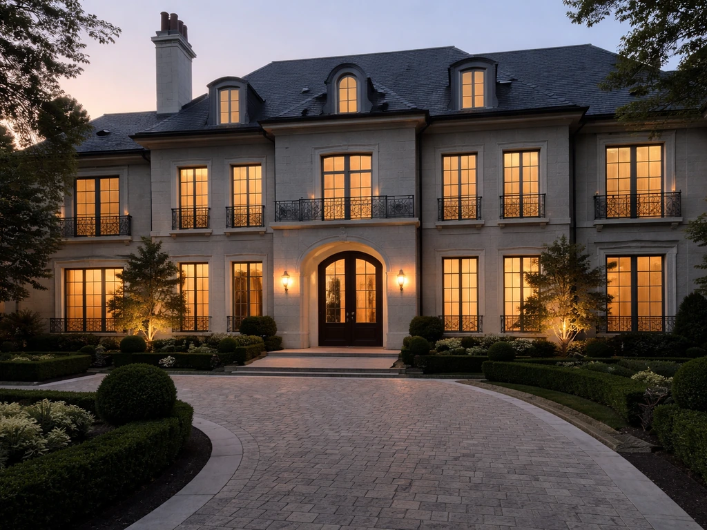Exterior view of a large upscale home with elegant lighting and high-end finishes
