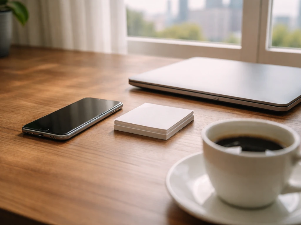 Minimal photo of a smartphone and notes beside a coffee cup in a home office, symbolizing media and finances.