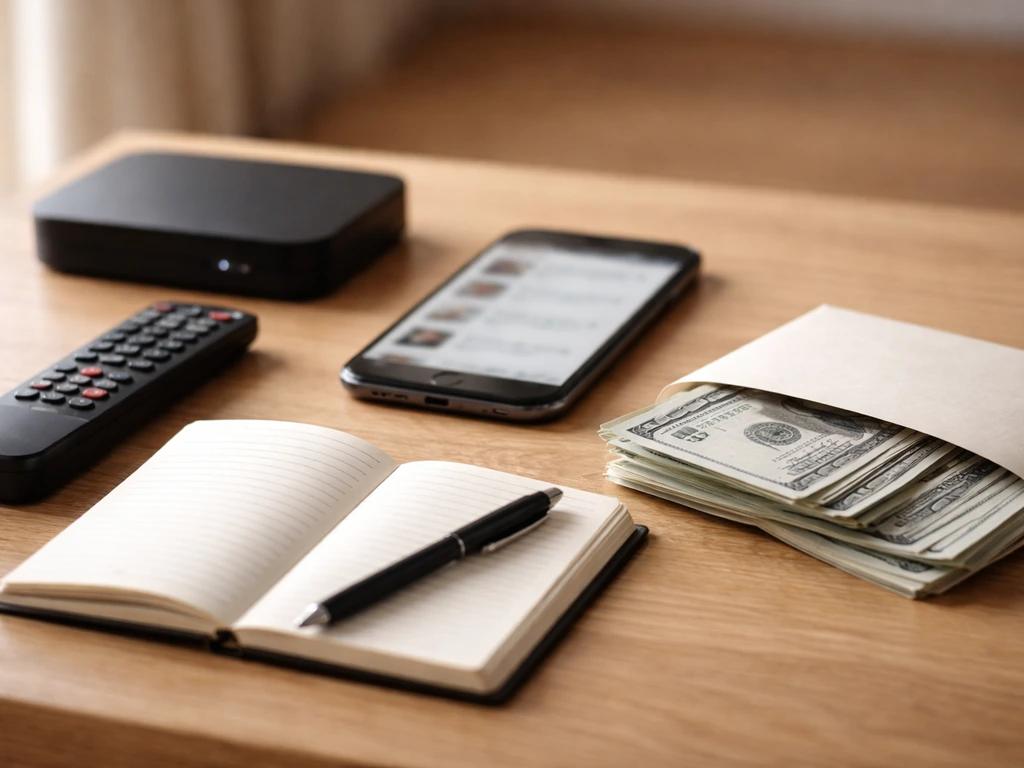 Minimal desk scene with TV remote, smartphone, notebook, and scattered cash symbolizing income sources
