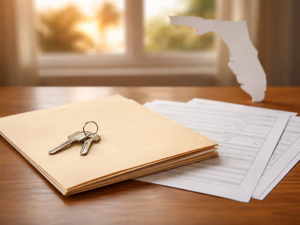 Keys and blank lease papers on a wooden desk with a subtle Florida map silhouette in the background.