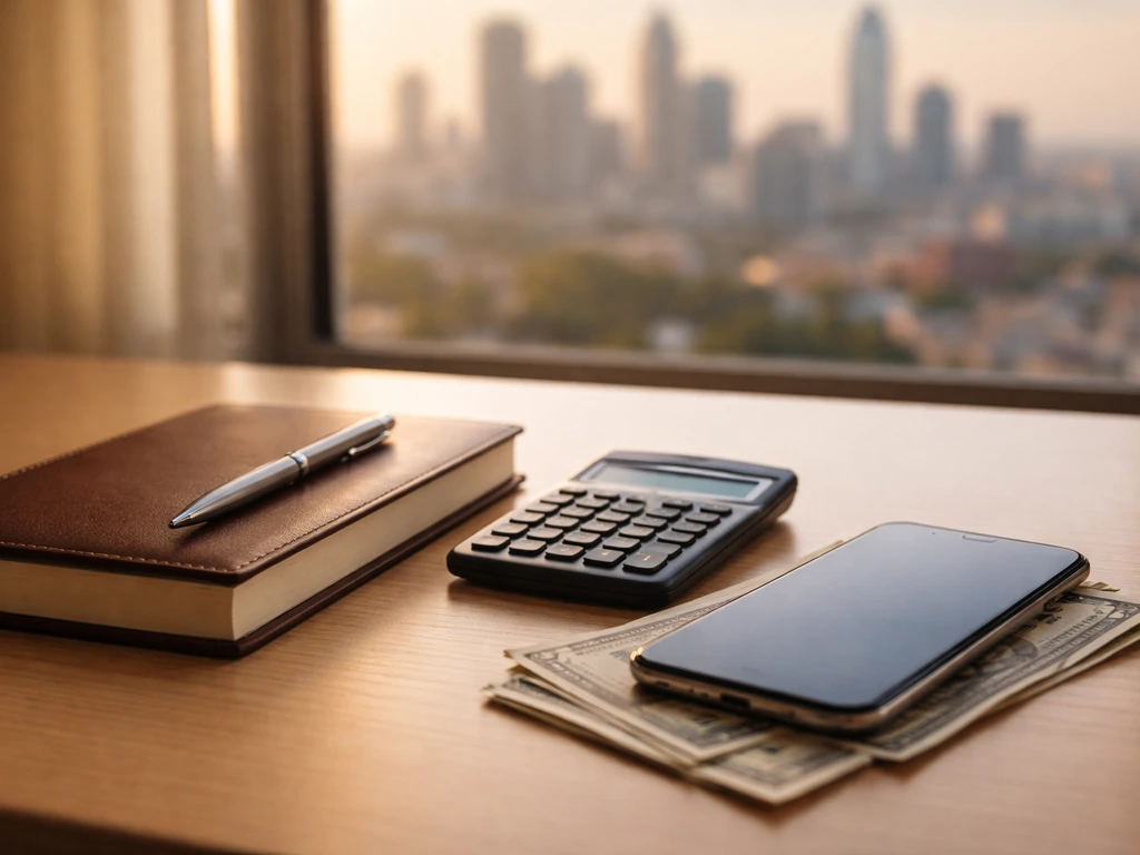 Minimal office scene with a notebook, calculator, and smartphone showing money-related planning themes