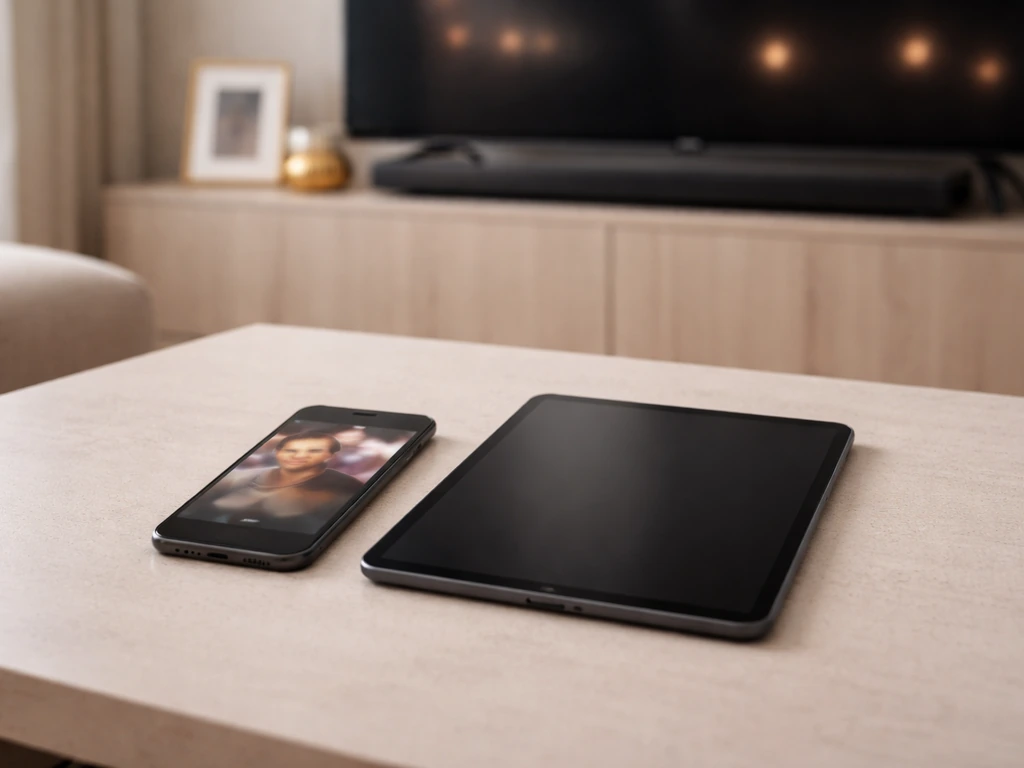 Minimal photo of a luxury living-room setting with a smartphone and tablet reflecting TV studio lights, symbolic of real