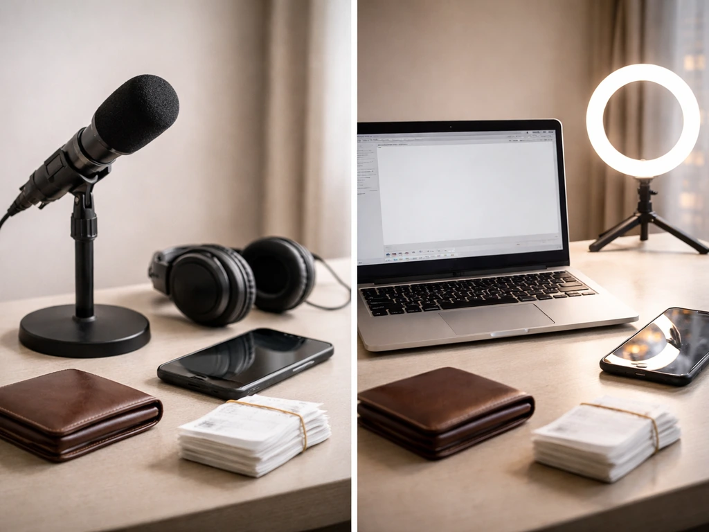 Minimal split-style scene of media studio gear and a creator setup with wallet props suggesting income sources.