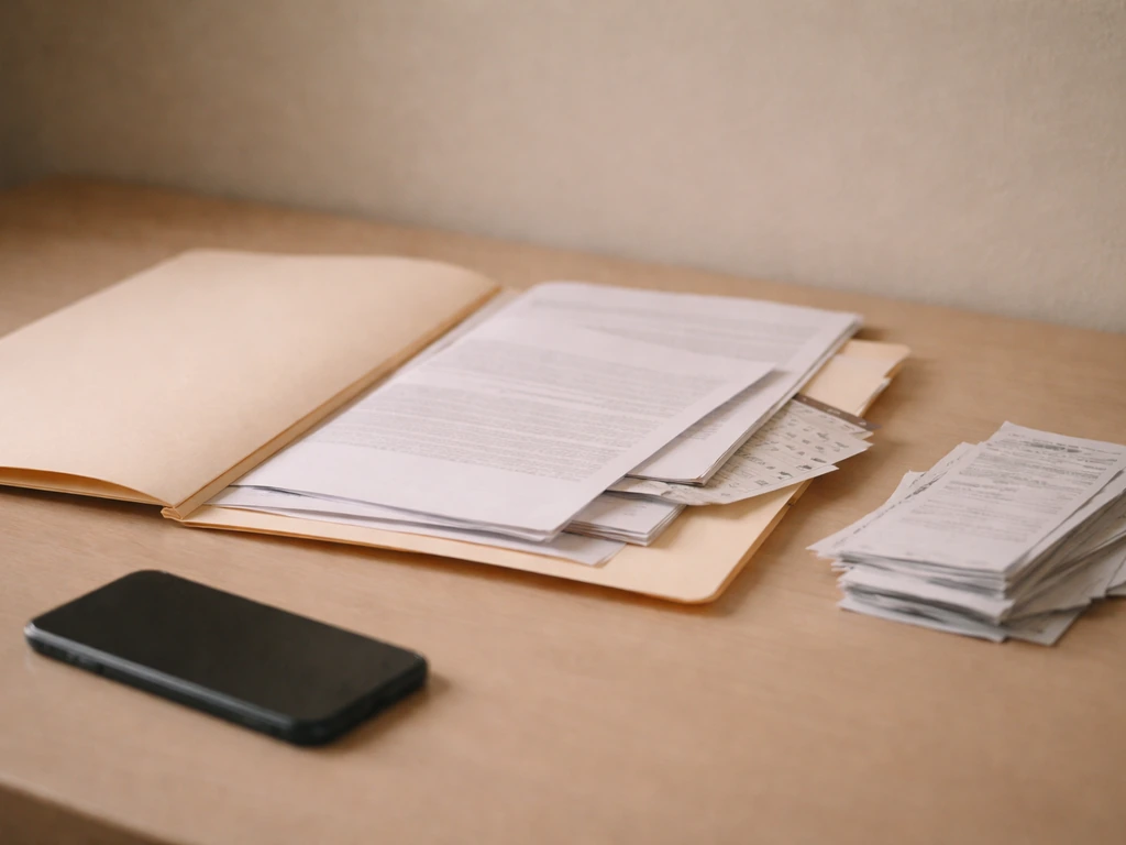 Minimal desk scene with scattered papers and outdated-looking documents suggesting conflicting net worth estimates.