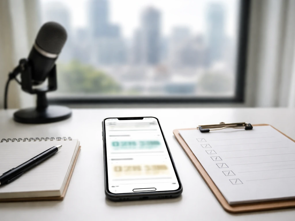 Desk with a phone showing conflicting blurred figures, plus blank checklist and notepad for verification.