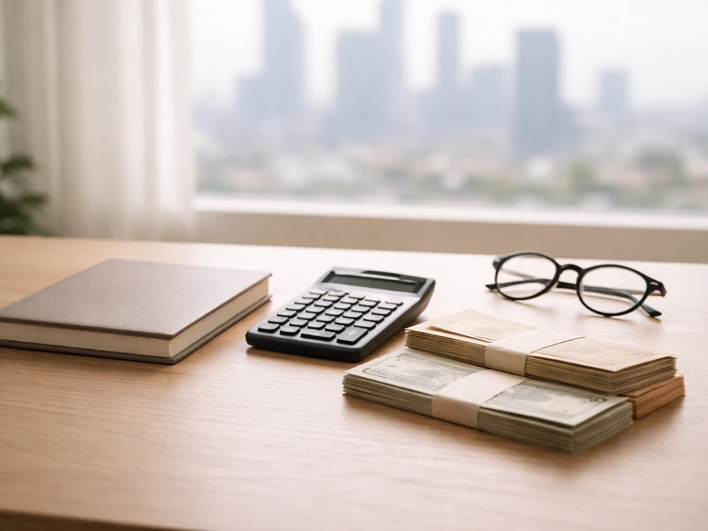 Minimal finance desk scene with calculator and cash envelopes beside a notebook, softly lit by window light.