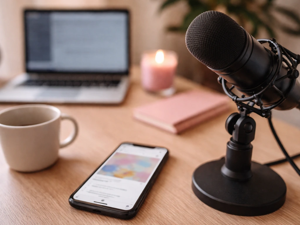 Podcast microphone beside a phone mock of a social post on a tidy studio desk.