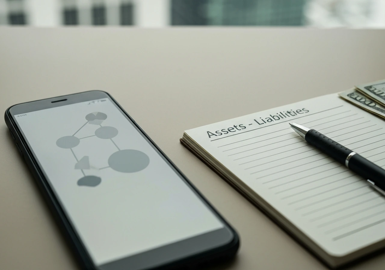 Close-up of a smartphone beside a notebook and pen, suggesting verifying earnings and assets for a net worth review.