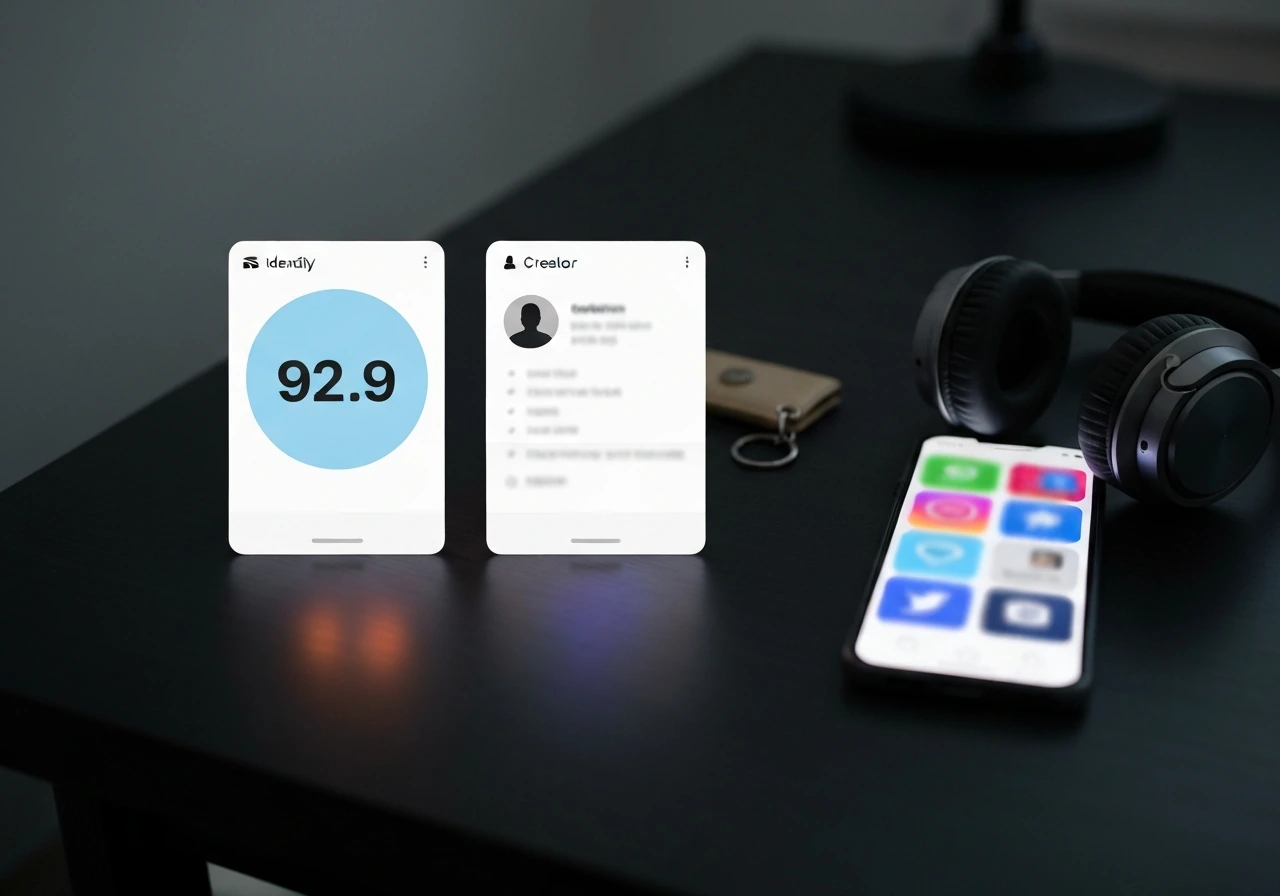 Dark desk with blurred profile-card style identity anchors and media tools, suggesting public-profile analysis.