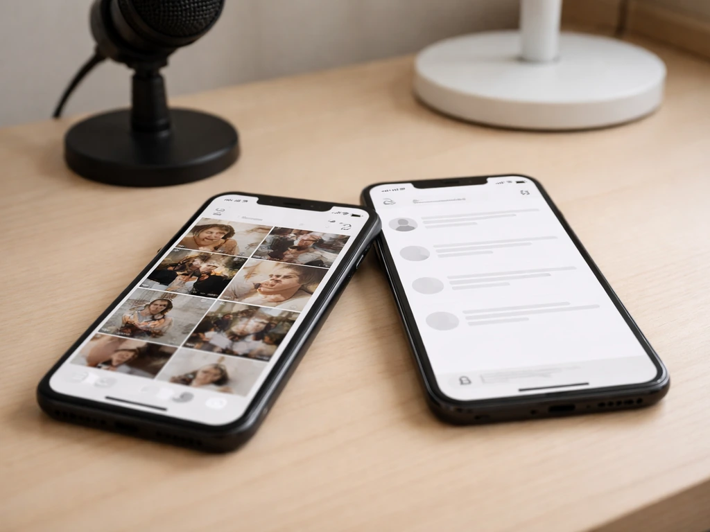 Desk with two phones showing generic social video grid and booking inbox screens, microphone nearby.