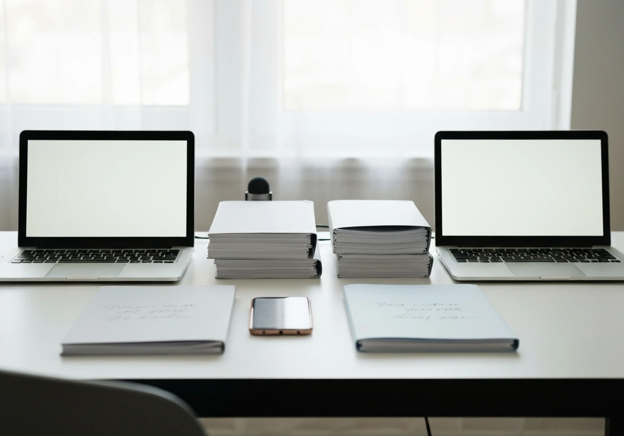 Two open laptops on a desk with blank screens and different folders, symbolizing differing net-worth numbers.