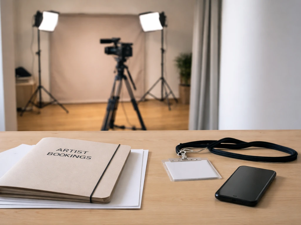 Minimal split-scene photo: a TV production set lighting setup and a desk with booking documents and a venue pass.