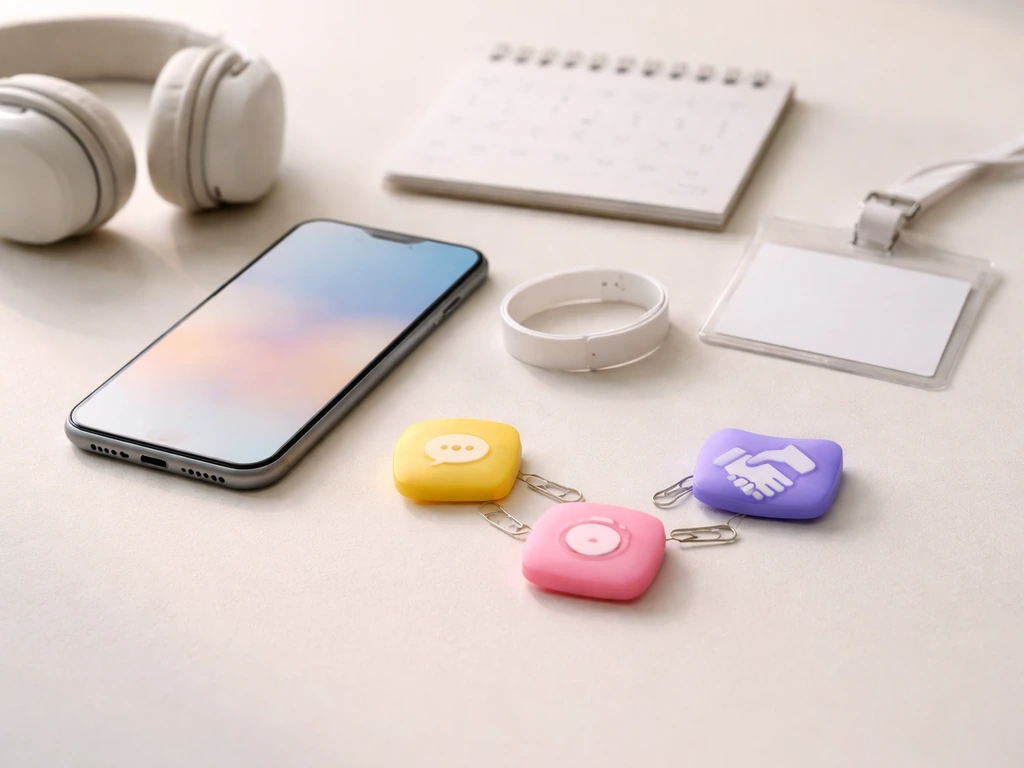 Minimal desk scene showing a smartphone, event wristband, and linked icon objects suggesting social sponsorship and book