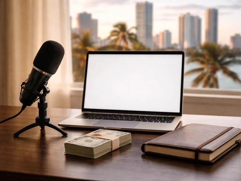 Minimal desk scene with microphone, cash, and laptop suggesting media and music income sources.