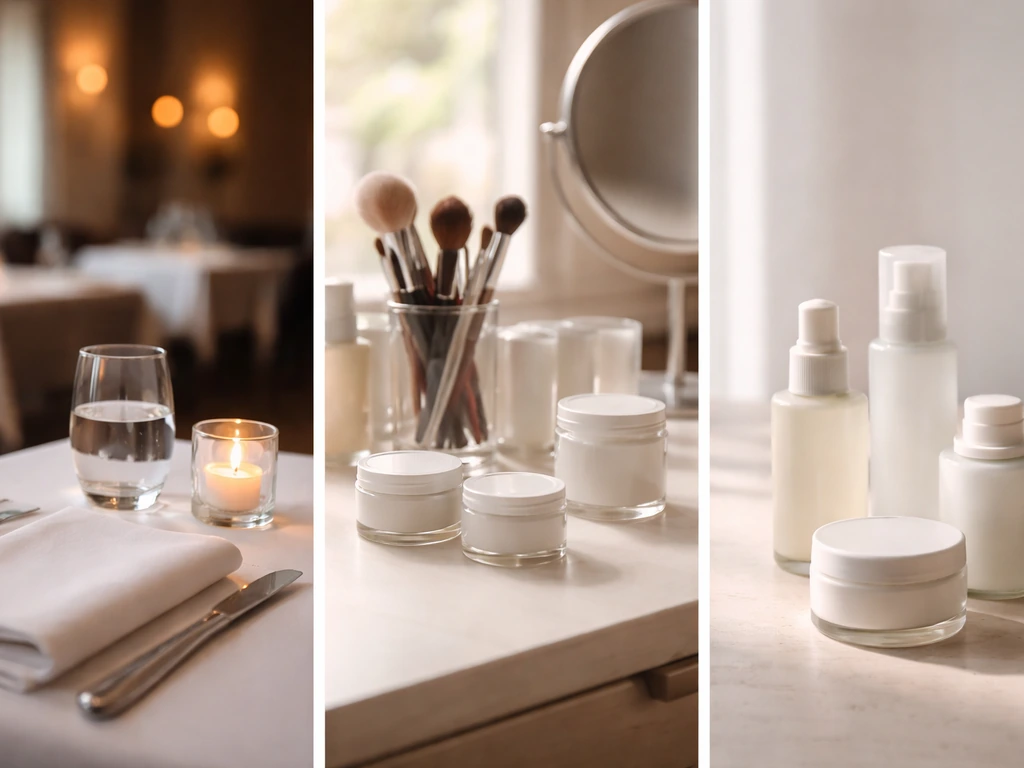 Three-panel photo showing a minimalist restaurant scene, a beauty bar vanity setup, and a cosmetics display