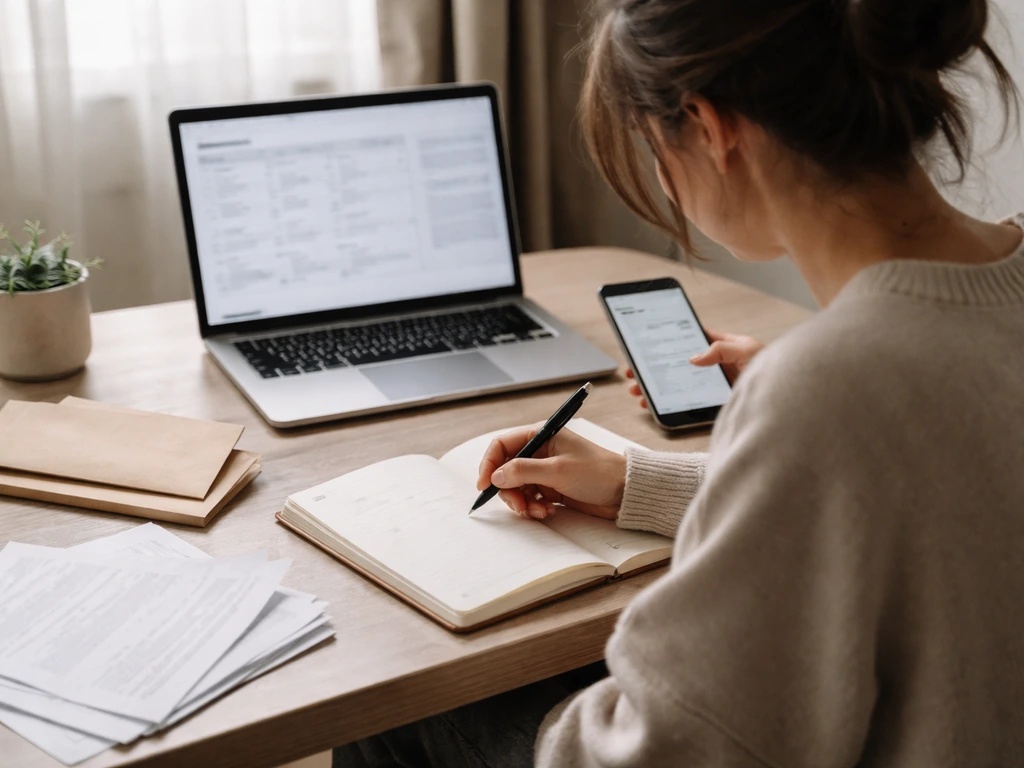 Anonymous analyst at a desk with envelopes and reports, suggesting conflicting money estimates