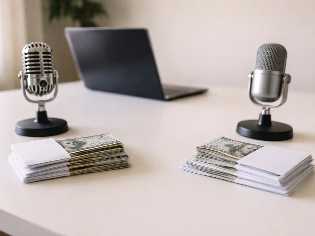 Minimal desk scene with two separated cash/envelope stacks and studio microphones suggesting distinct income sources.