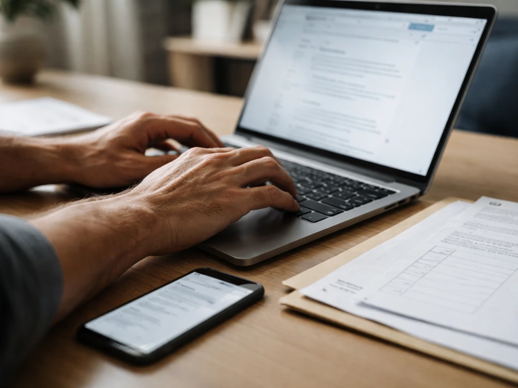 Anonymous hands typing on a laptop at a desk with documents and blank checklist-style paper for record verification.