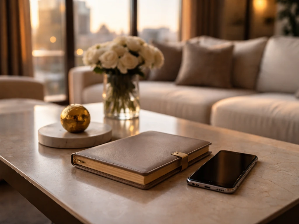 Elegant upscale living-room setting with a sleek smartphone and gold-toned decor suggesting influencer-style wealth