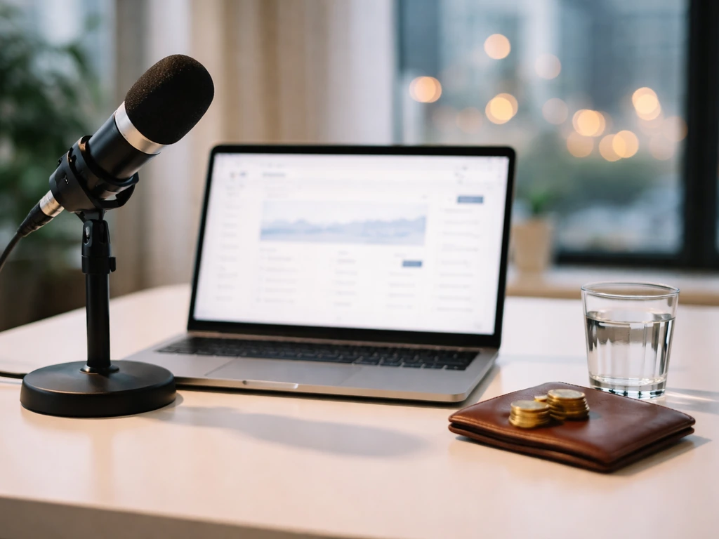 Minimal desk scene with laptop, microphone, and gold coins symbolizing public business info.
