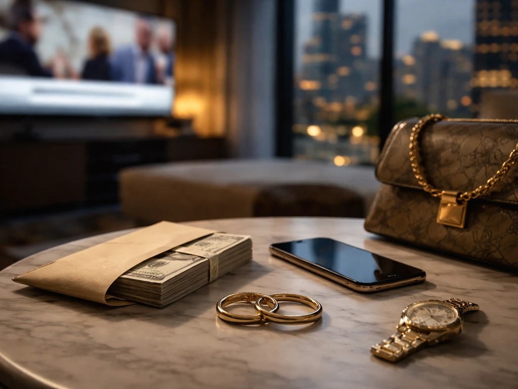 Luxury apartment table with cash, jewelry, and a blurred TV for a Mob Wives-style net worth theme.