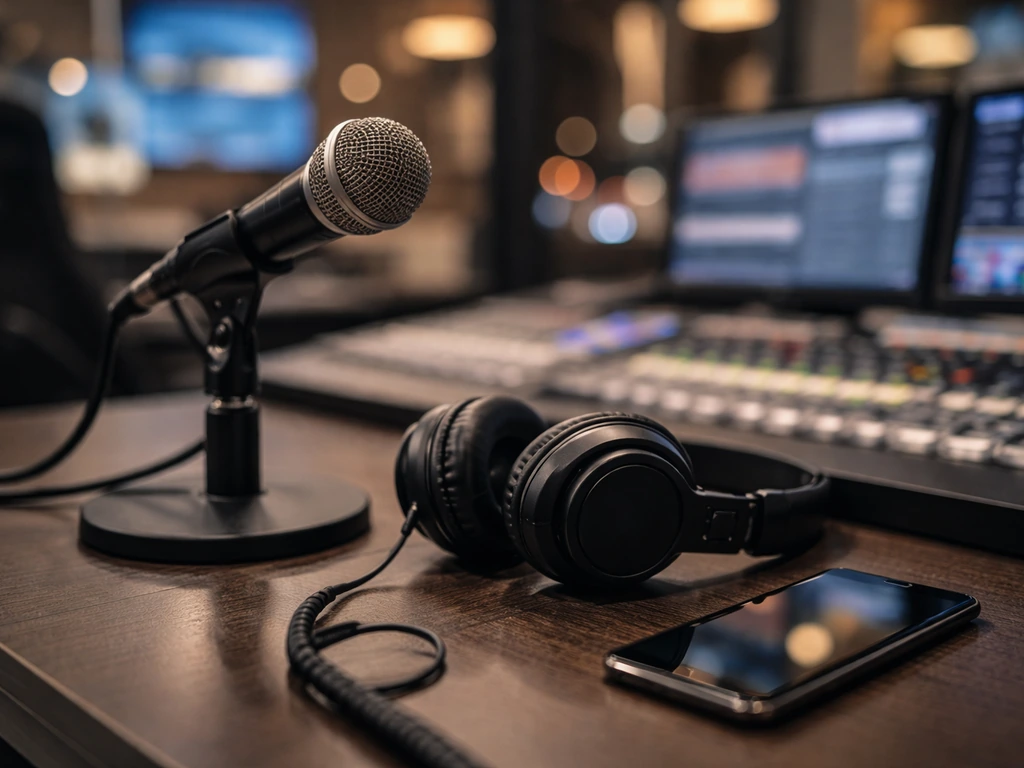 TV studio desk with microphone and headphones beside a phone, symbolizing reality fame and net worth searches.