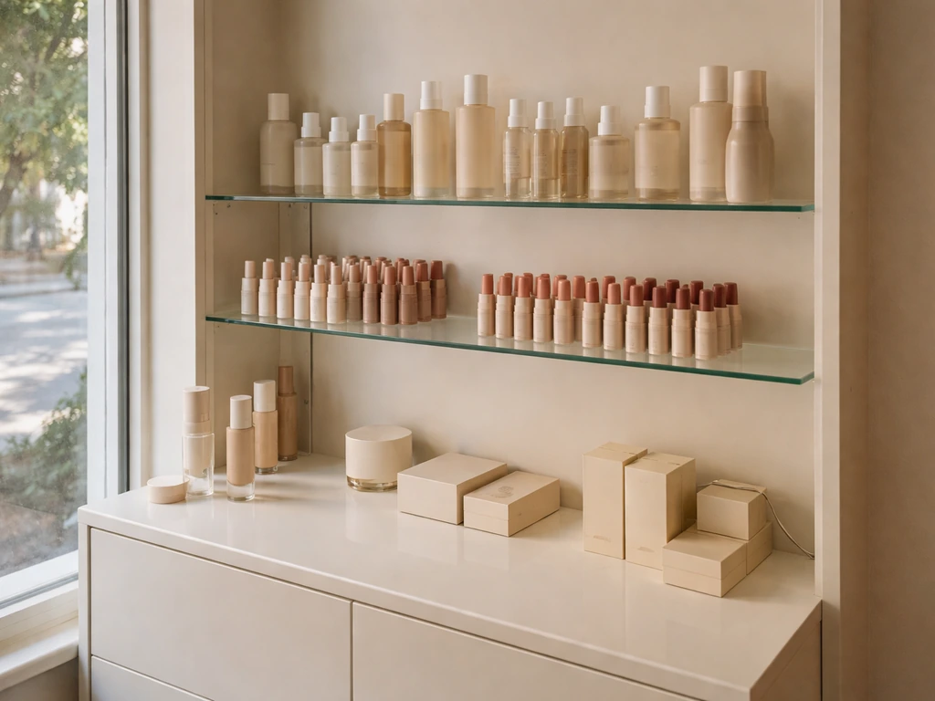 Minimal cosmetics store display with neatly arranged products and warm retail lighting